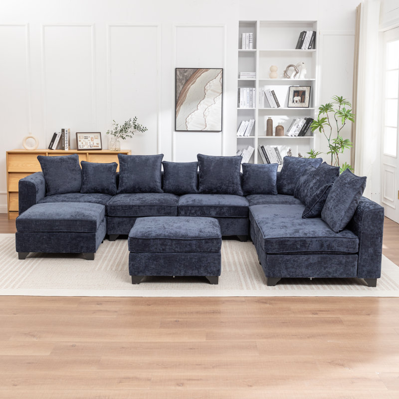 Canapé modulaire rembourré en U avec deux repose-pieds Kempson, Polyester bleu