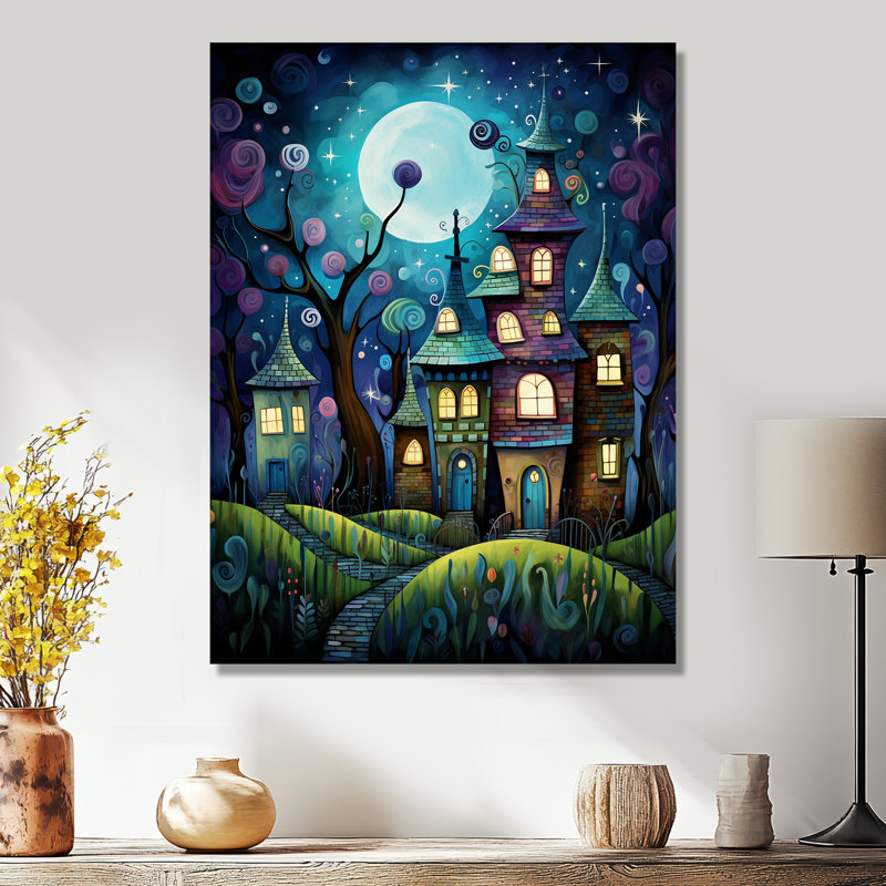 «Blue Sky Pittoresque Town Full Moon - City Buildings», reproduction d'art mural, Métal métal, H 20 po x l 12 po x P 1 po