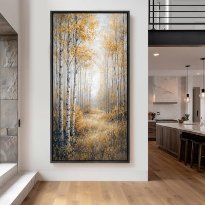 Grand art mural encadré sur toile - Bouleau d'automne doré, sentier de forêt - 60 po x 20 po, 60 po x 30 po