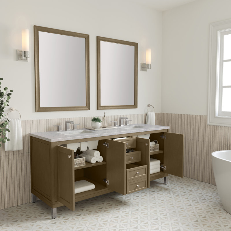 Meuble-lavabo double 72 po avec chargeur sans fil Freepower Chicago, Walnut Whisper, Perle jasmin éternelle