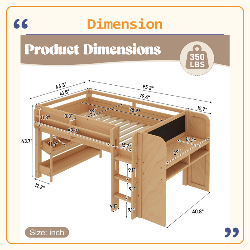 Loft Bed With Multi-Storage Bookcases, Boxes And Drawers, Solid Wood Low Loft Beds With Desk And Blackboard, No Box Spring Needed