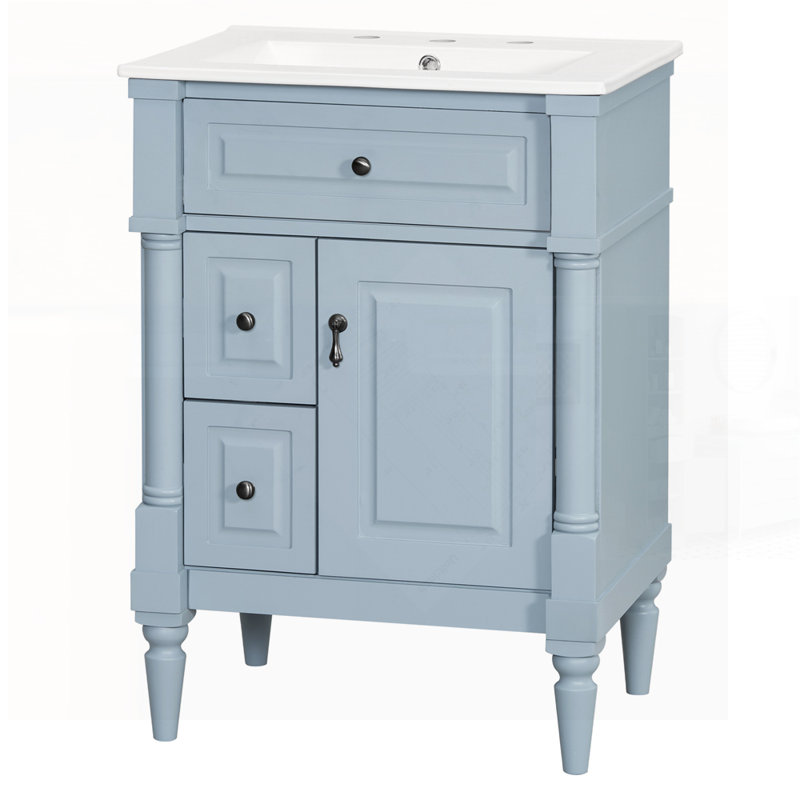 Meuble-lavabo autoportant élégant gris-bleu avec lavabo, tiroir rabattable, tablette réglable et structure en bois d'hévéa durable pour les salles de bain modernes