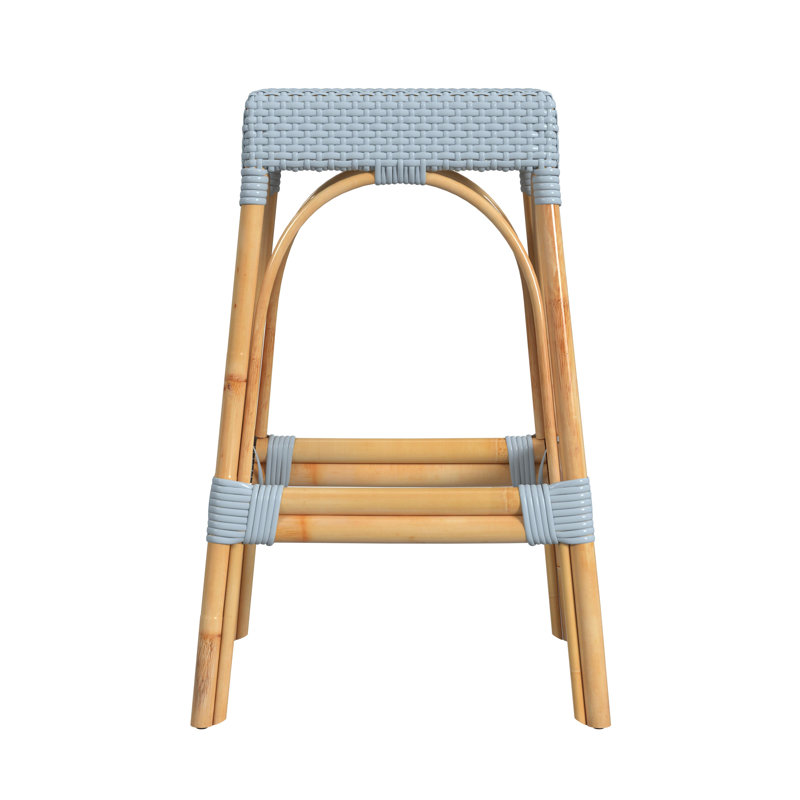 Tabouret de comptoir / de bar Lennart, Bleu bébé / cadre en rotin naturel, Tabouret de bar (siège d'une hauteur de 30 po)