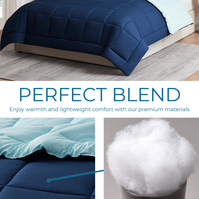 Nestl All Season Solid Lightweight Down Alternative Reversible Comforter, Full Comforter + 2 Standard Shams, Navy/Light Blue
