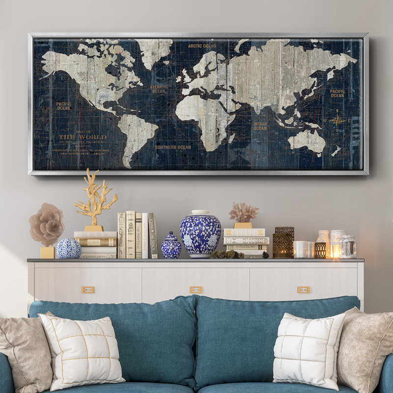 " OLD WORLD MAP ", Silver Floater Framed Canvas, 24" H x 60" W x 1.5" D