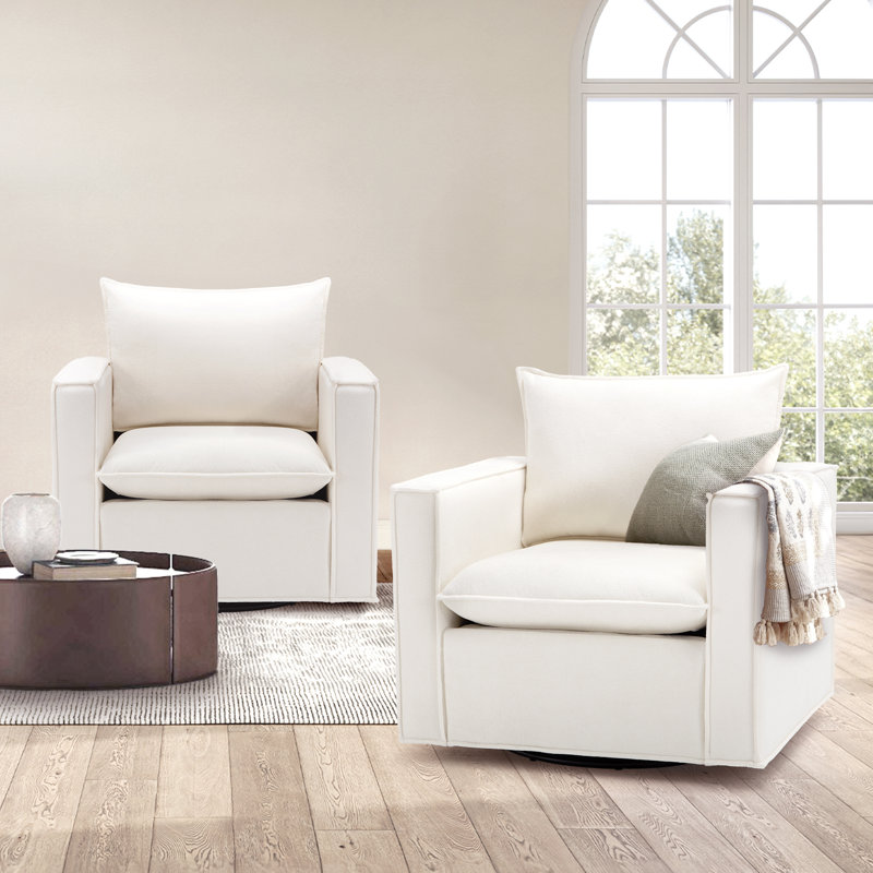 34'' Wide Upholstered Swivel Accent Armchair with Plump Back Pillow, Beige Polyester