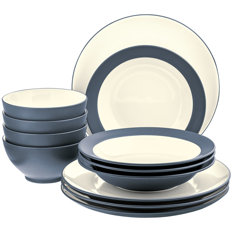 Blue and White Ceramic 12-Piece Dinnerware Set, Service for 4