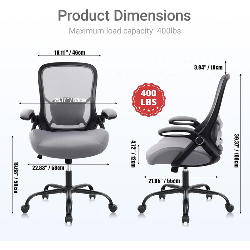 Dark Grey Heavy Duty Office Chair - 400Lbs Capacity, 5" Thickened Seat Ergonomic Desk Chair With Adjustable Armrests (Mesh Executive Computer Chair For Home Office Long Hours)