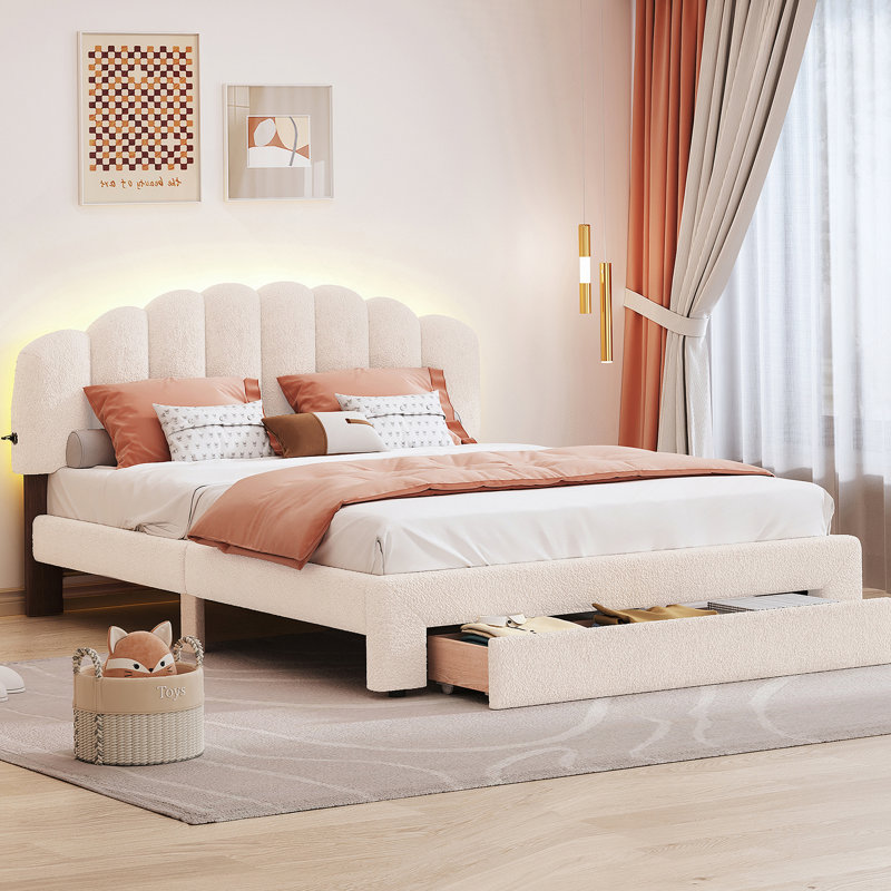 Lit plateforme tapissier avec tiroir, Beige