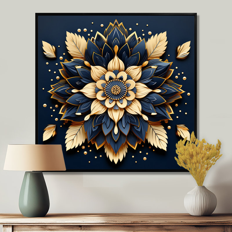 Mandala de lotus doré et bleu foncé - Botanicals, Toile avec cadre flottant noir, H 16 po x l 16 po x P 1 po