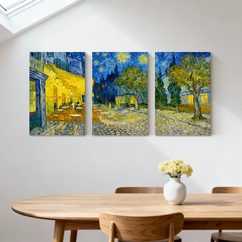«Abstract Cafe Terrace At Night Starry Sky Trees Street Lights», ensemble de 3 impressions sur toile, H 18 po x l 36 po
