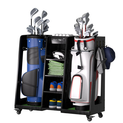 Golf Bag Organizer With Wheels, Golf Storage Rack Stand Holder Fits 2 Extra Large Golf Club Bags And Multiple Golfing Equipment Great Gifts For Any Skill Level Golfer
