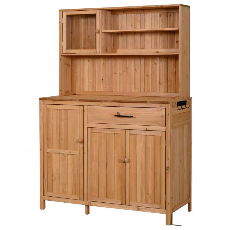 Potting Bench with Hutch, 65" H Solid Fir Wood Workstation (Natural), Natural