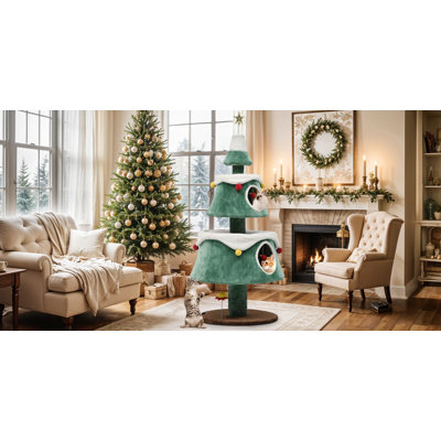 Festive Christmas Tree Cat Tower with Semi-Enclosed Houses