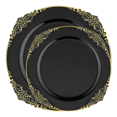 Black with Gold Fancy Round Disposable Plastic Dinnerware Value Set - 120 Sets