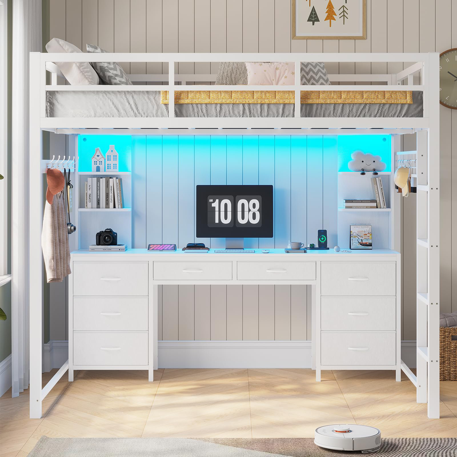 Loft Bed With Desk And Charging Station, Metal Loft Bed With 8 Drawers Storage And Led Lights, 4 Open Storage Shelves,