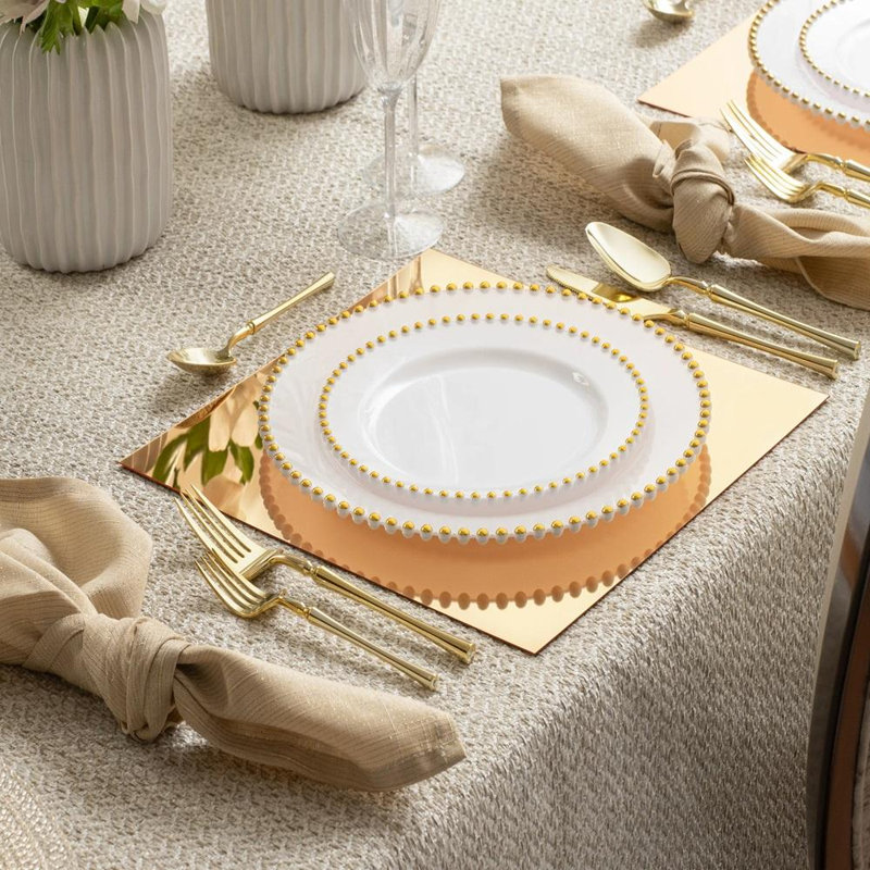 Devam Beaded Collection White & Gold 10.25" Plastic Dinner Plates