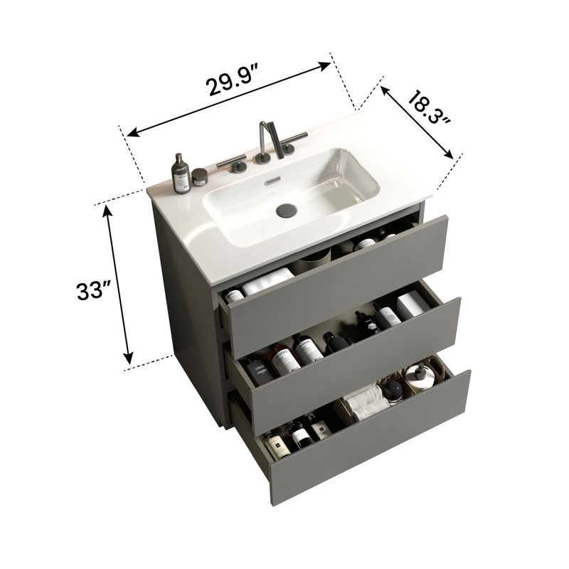 Meuble-lavabo gris de 30 po avec lavabo Jiminez, trois trous de robinet, grand rangement autoportant, conception moderne, pré-assemblé