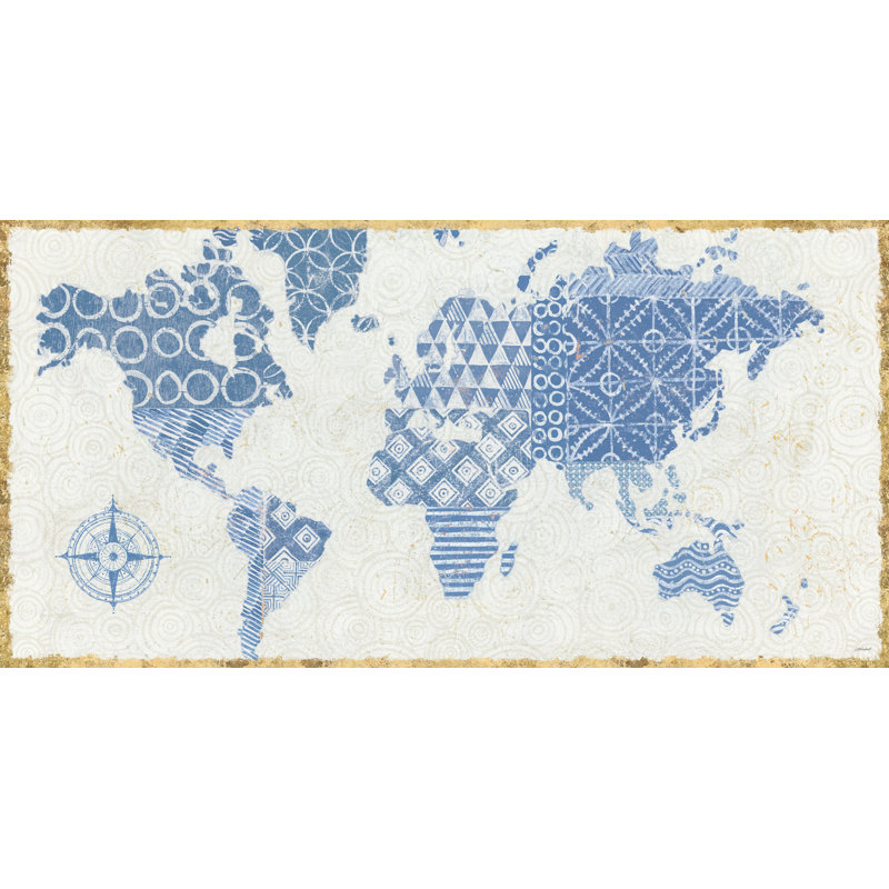 Carte du monde, Indigo, Maki, Boho, Bohème, Bleu, Or, Doré, Chevron, Cicles, Boussole, Texture, Motifs, Crème, Beige, Carte du monde, Continents