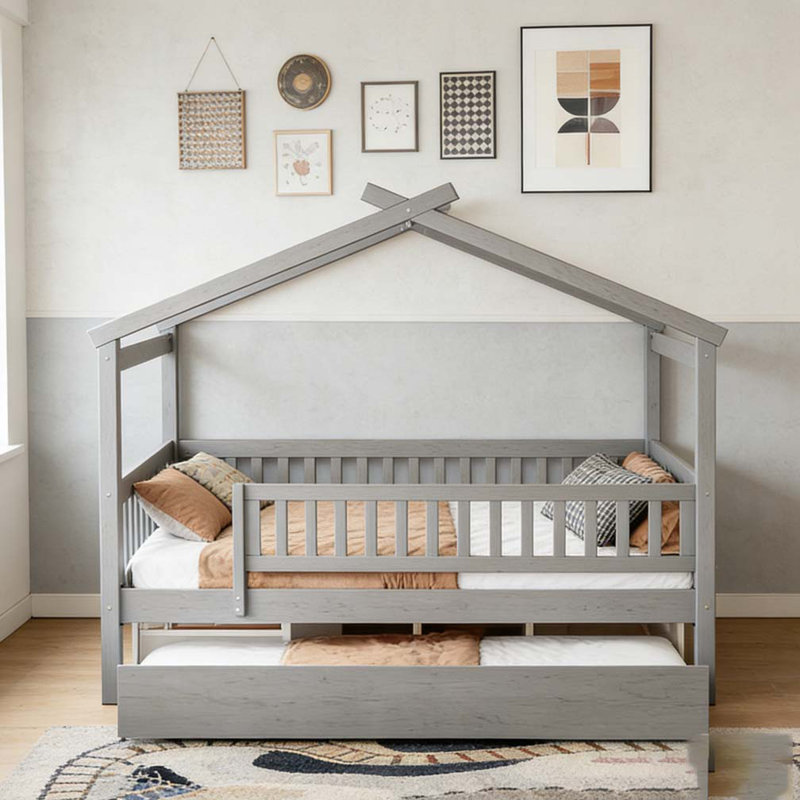 Lit gigogne en bois, Lit double, Gris