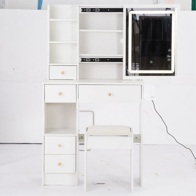 29.2" Small Size Left Drawer Desktop Vanity Table With Cushioned Stool, 2 AC Outlets And 2 USB Ports Power Station, Hair Dryer Bracket, Brightness Adjustment