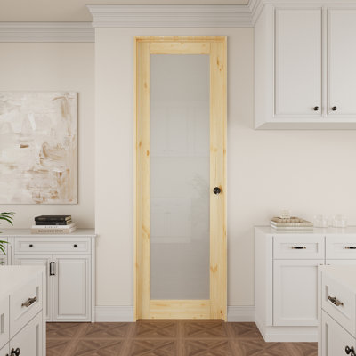 Intérieur: porte en bois de pin et verre givré 1-Lite, porte pré-suspendue en bois massif naturel Colonial, avec joint d'étanchéité, bande d'étanchéité, ouverture à gauche / à droite, charnières noires et poignée ronde, porte non finie et à 