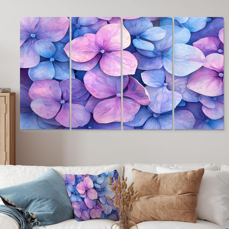 Hortensia en aquarelle délavée à l'encre mauve IV - Art mural hortensia - Art mural traditionnel, H 32 po x l 64 po, 4