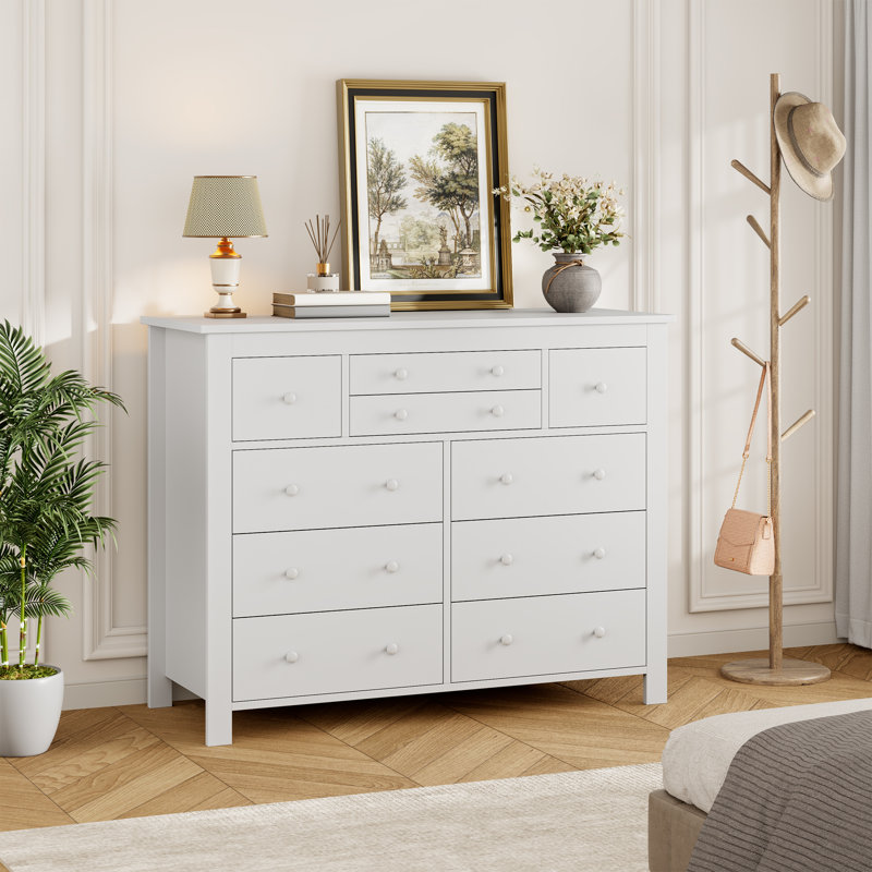 47'' Wide 10-Drawer Wooden Dresser, Long Chest of Drawers, White