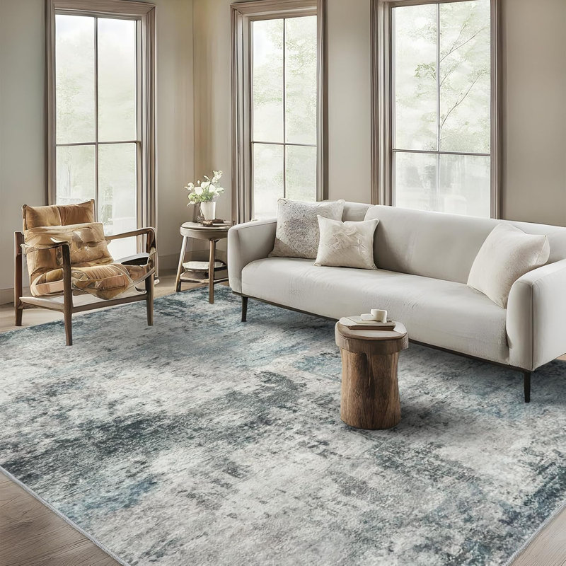 Willington Abstract Gray/Blue Rug, Rectangle 8' x 10'