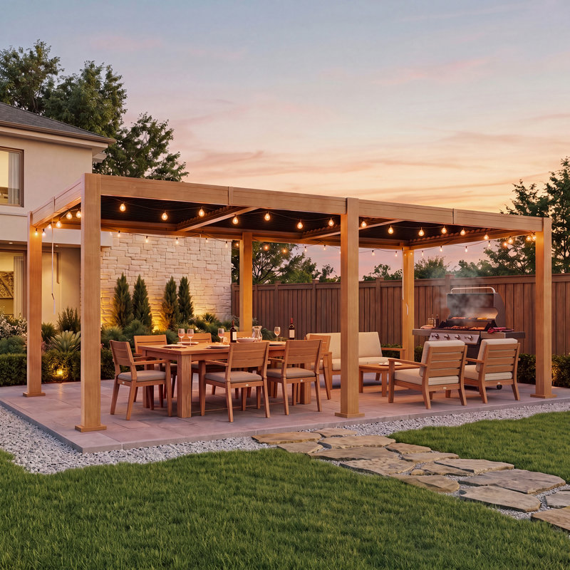 20' x 10' Premium Wood-Grain Metal Louvered Pergola with Adjustable Roof & Integrated Drainage for Patio, Deck & Backyard