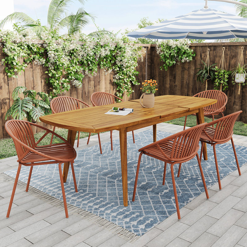 Ensemble de salle à manger extensible 7 pièces avec chaise empilable, orange et teck 7 pièces, Orange