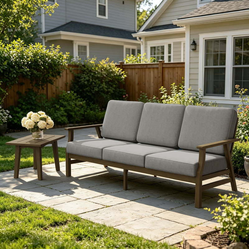 Shweta 2-Piece Conversation Set,Solid Teak Wood Sofa And Side Table Set With Cushions, Brown, Gray, 2 Pcs: Side Table, Sofa