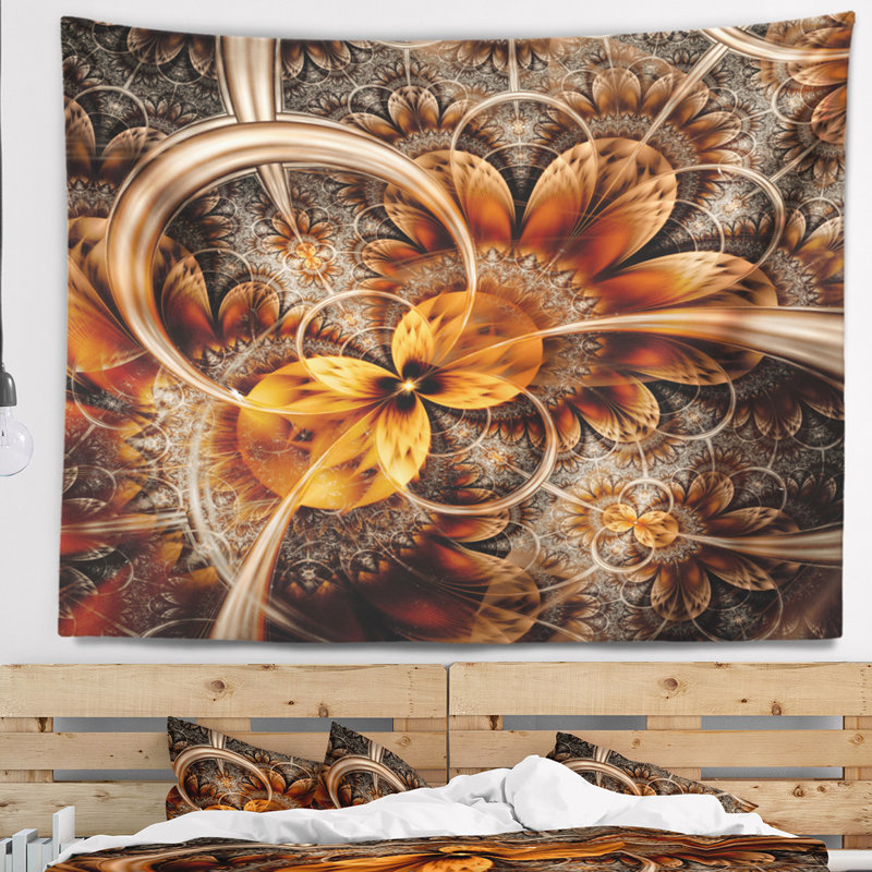 Tapisserie fleur abstraite orange fractale, H 32 po x l 39 po
