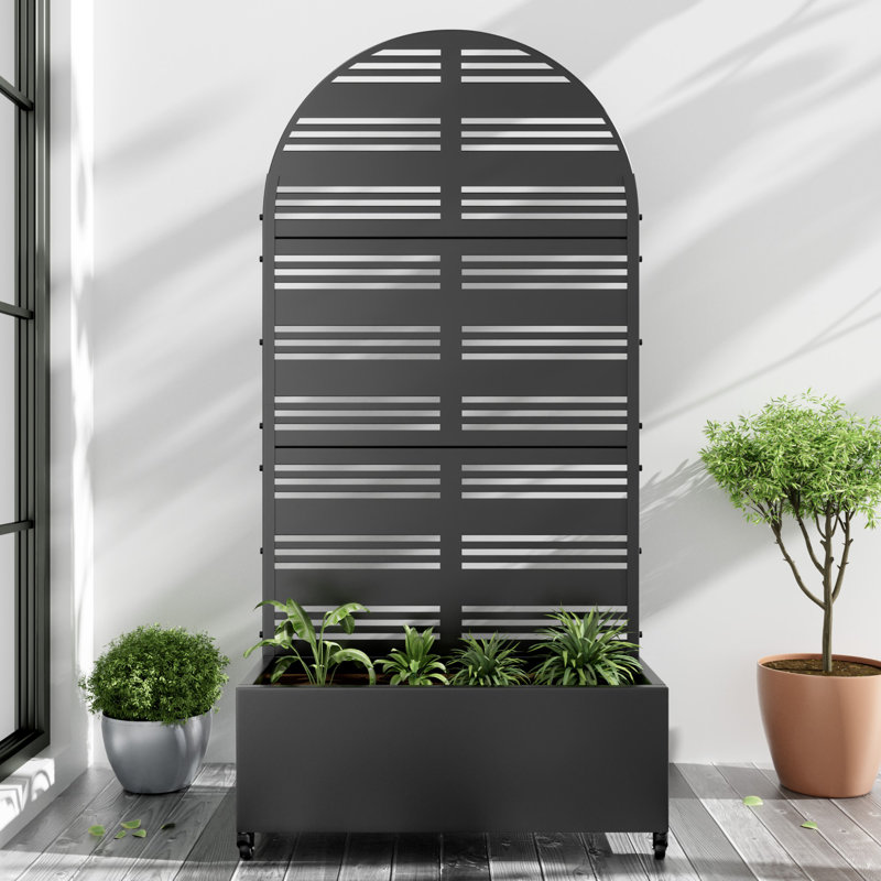 Arch Metal Planter Box with Trellis with Wheels, 72" H x 35" W x 16" D