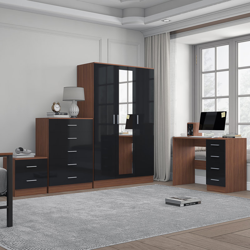 Eva Piece Bedroom Set, Black Gloss / Walnut