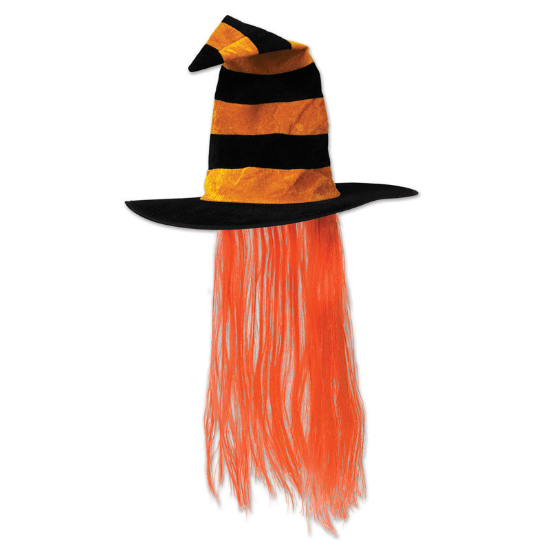 Chapeau de sorcière d'Halloween avec cheveux, Orange