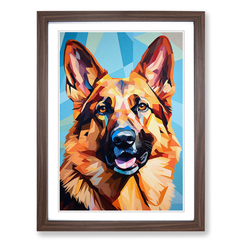 German Shepherd Cubism - Single Picture Frame Print on Wood, Walnut, 46cm H x 34cm W x 2cm D