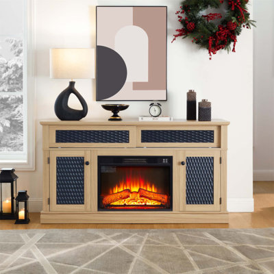 Meuble télé embossé avec foyer, rangement ouvert et fermé, porte coulissante pour le salon et la chambre à coucher