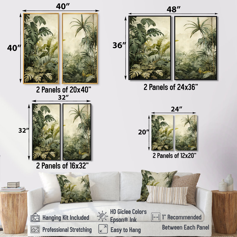 Paysage rétro de la jungle - art mural Jungle Large, H 40 po x l 40 po, Impression encadrée flottante, Doré