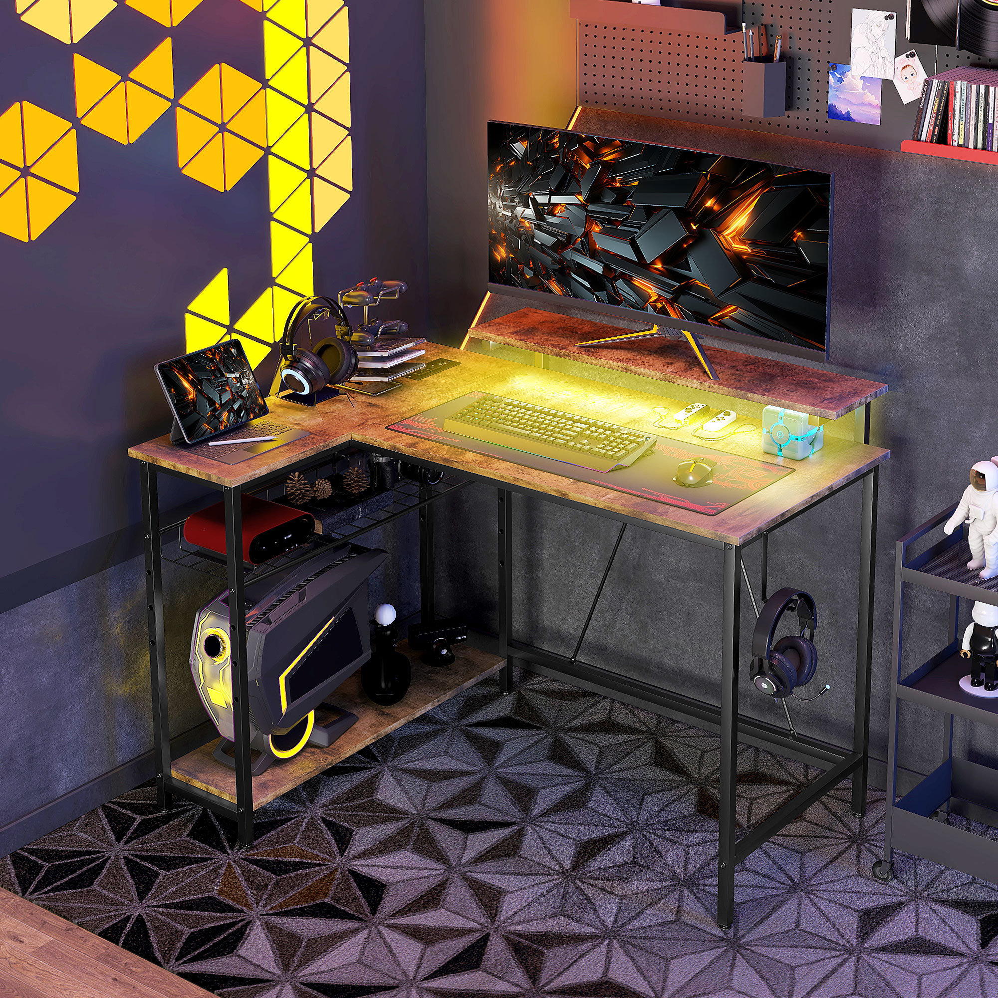 Ophelia & Co. Led Gaming Desk Particle Board Rustic Brown Home Office ...