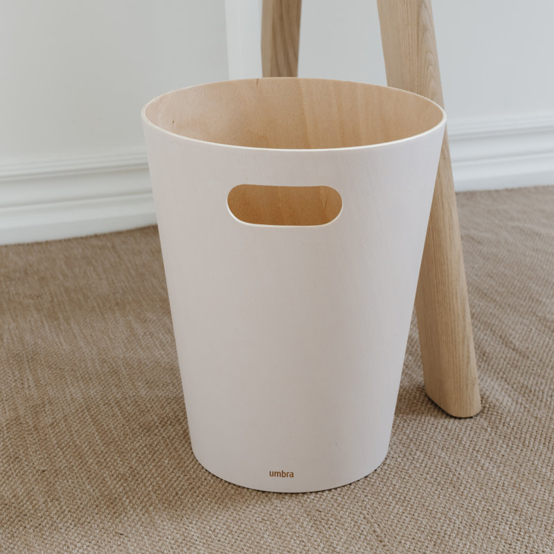 White and Natural Wood Bathroom Trash Can with Handles