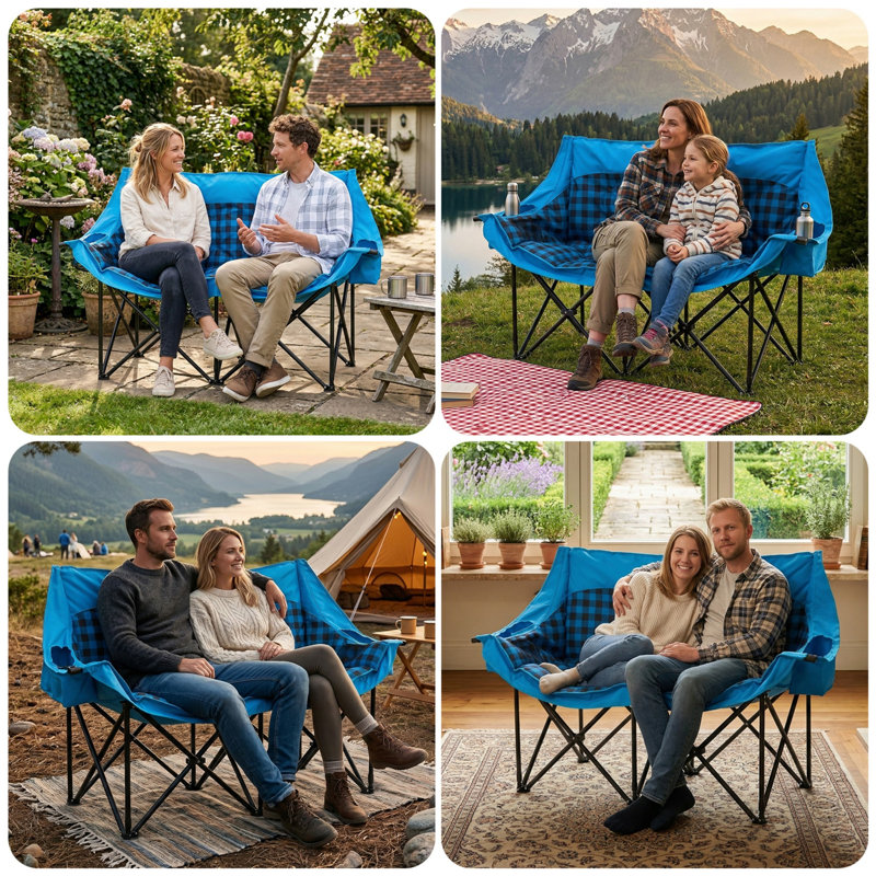 Loveseat Camping Chair with Mat, Double Camping Chair Folding Chair for Two People, Blue