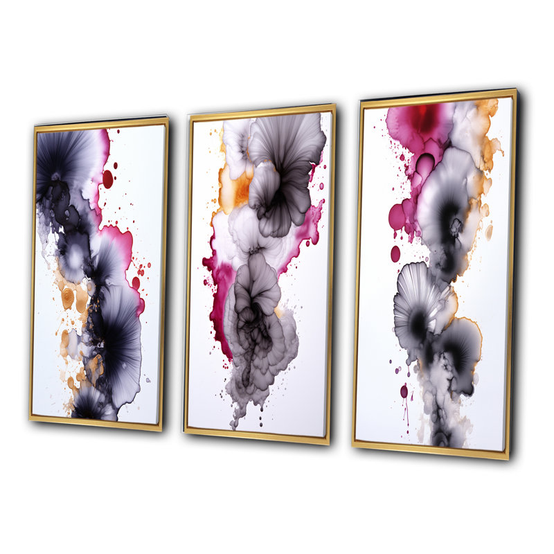 Delicate Fluidity Magenta And Gold Ink Clouds IV - Abstract Painting Art Set Of 3 Pieces, Encadré naturel, H 28 po x l 36 po