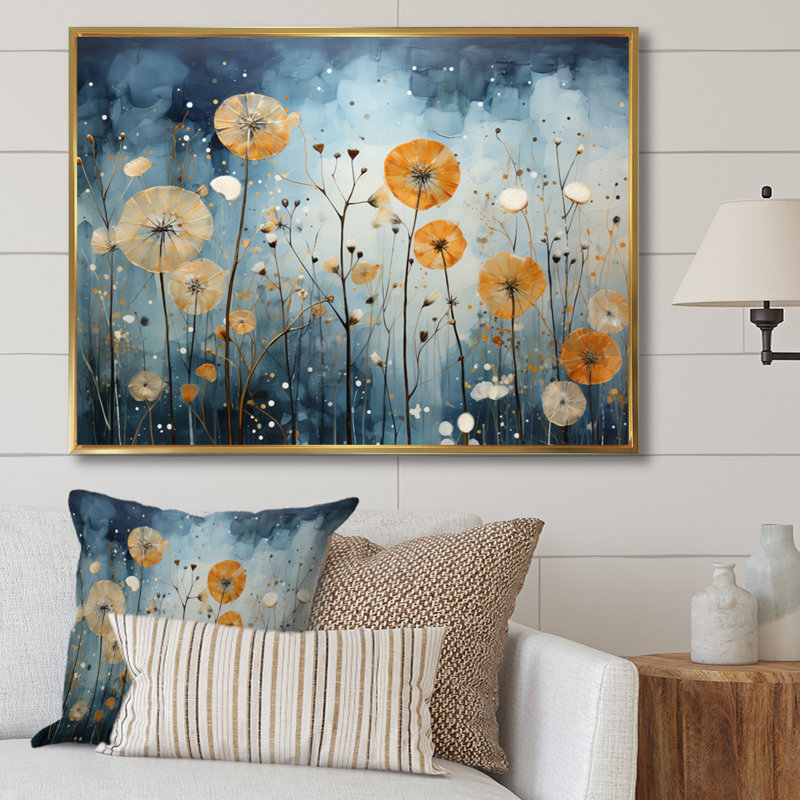 " Blue Dandelion Floral Symphony VI ", 30" H x 40" W x 1.5" D, Gold Floater Framed