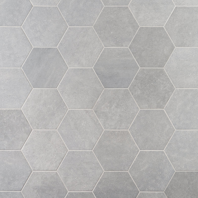 Sanskrit 9" Hexagon Cement Look Porcelain Floor and Wall Tile, Gray