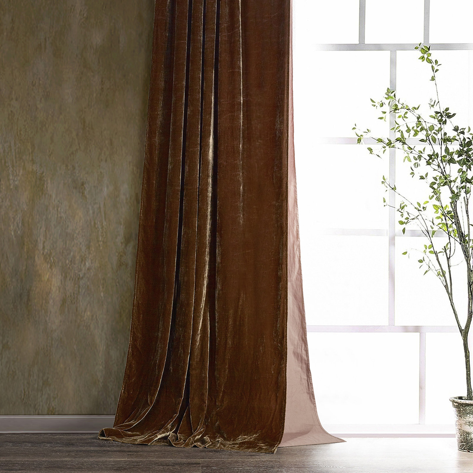 Stella Faux Silk Velvet Curtain Panel, Copper Brown