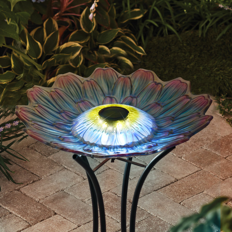 Solar Blue and Purple Glass Flower Bird Bath with Metal Stand