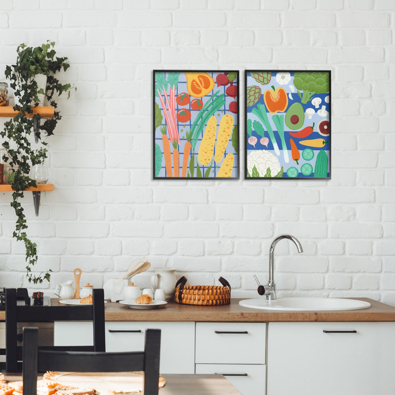 Ensemble de 2 giclées encadrées Bright Veggie Harvests, design par Courtney Haley, H 14 po x l 22 po