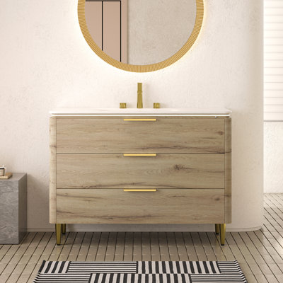 Meuble-lavabo de salle de bain avec lavabo autoportant en contreplaqué à bords arrondis avec 3 tiroirs, lavabo intégré en pierre frittée blanc Carrara, pré-assemblé, couleur chêne blanc AMara