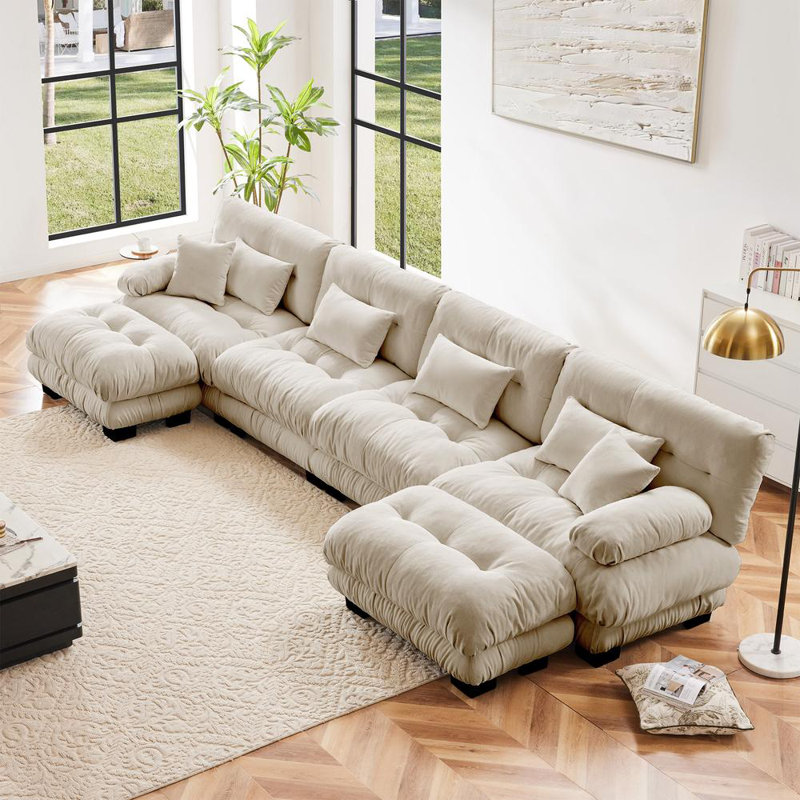 Chenille Cloud Couch Sofa with 2 Ottoman, Light Coffee, 5, 35.4" H x 133.8" W x 59.6" D